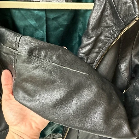 Andrew Marc Black Moto Jacket with Pockets + Turquoise Satin Lining Sz M - Picture 8 of 13